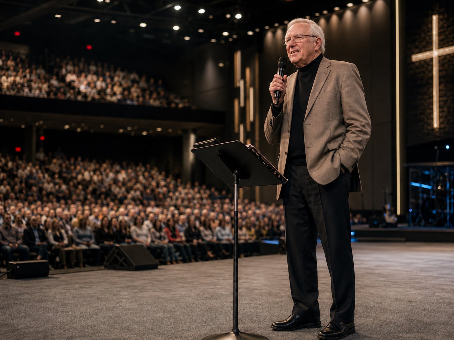 Dr Stuart Robinson preaching to a large congregation